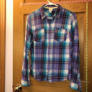 Light purple and blue plaid button down top